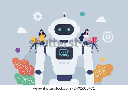 People control android robot on robots shoulder. Cyborg Technology. Vector Illustration. 