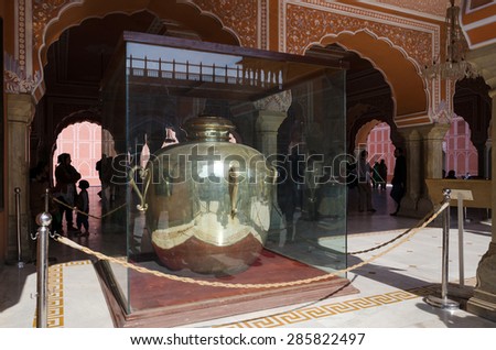 Jaipur, India - December 29, 2014: Gangajelies huge sterling silver vessels in City palace of Jaipur. Officially recorded by the Guinness Book of World Records as the world\'s largest silver vessels.