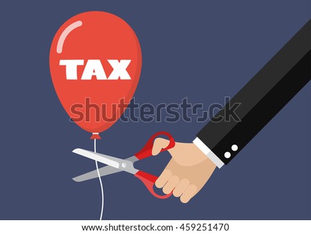 Big hand cutting tax balloon string with scissors. Business concept