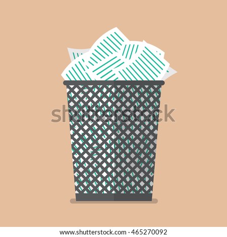 Paper in the trash can. Flat style vector illustration