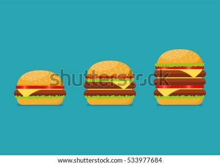 Three hamburgers set. From simple hamburger to double and triple cheeseburger with tomato