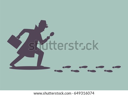 Silhouette of detective investigate is following footprints. Vector illustration