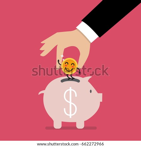 Hand insert happy coin into piggy bank. Funny cartoon emoticons