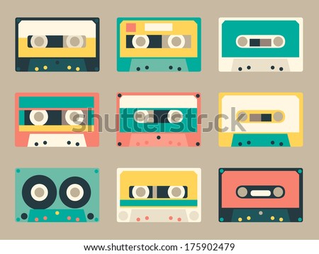 Set of various audio tapes in flat style