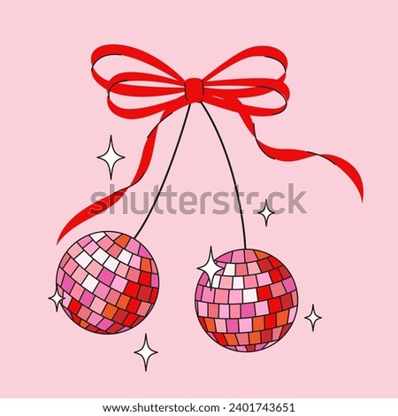 Disco mirror ball cherry with bow in cartoon style. Cute trendy design. Vector funky illustration. Ballet-core, coquette-core background.  