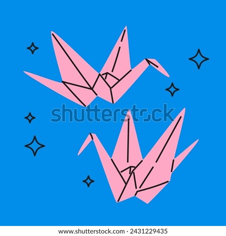 Origami paper fold cranes in modern cartoon style. Trendy Hand drawn Vector illustration. Isolated design element. Symbol of peace, hope, dream.