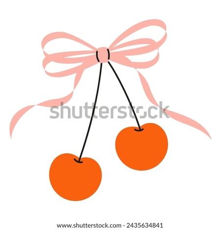 Cherry with bow in cartoon style. Cute trendy design. Vector funky illustration. Ballet-core, coquette-core background.  
