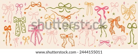 Set of various ink doodle bow knots, gift ribbons. Trendy hair braiding accessory. Hand drawn vector illustration. Minimalist tattoo sketch. 