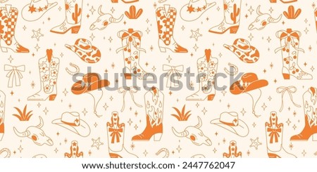 Seamless pattern with various doodle line style trendy cowboy boots and hats in desert.
Groovy American western footwear. Vector funky illustration.