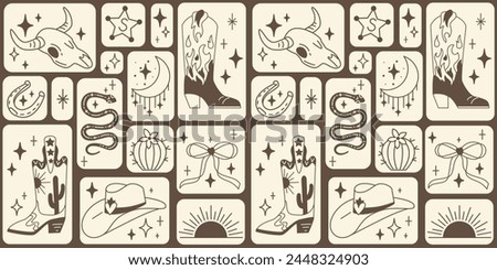 Seamless pattern with various doodle line style trendy cowboy boots, hats, cow scull, snake, horseshoe.Boho American western desert elements.Vector funky illustration. Simple tattoo mosaic background