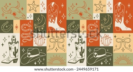 Seamless pattern with various doodle line style trendy cowboy boots, hats, cow scull, snake, horseshoe.Boho American western desert elements.Vector funky illustration. Simple tattoo mosaic background