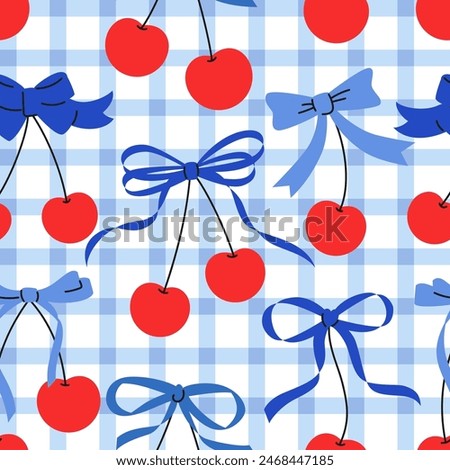 Seamless check gingham pattern with cherries and bows. Hand drawn vector illustration. Cartoon style trendy romantic background. Coquette core cute design.