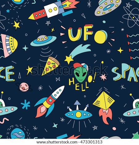 Seamless pattern with funny cartoon spaceships