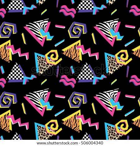 Seamless pattern with abstract shapes and animal prints in nineties style