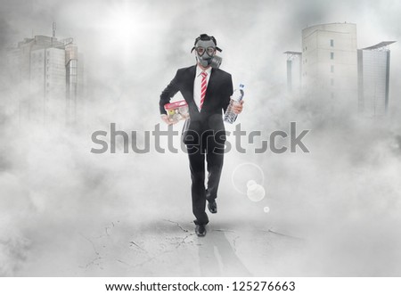 Business man with gas mask running, survival concept