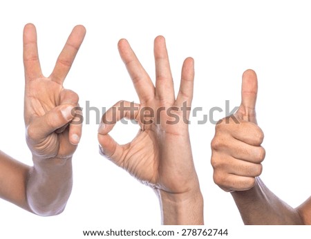 Diversity humans fingers signs isolated on white background. Gesturing, thumbs up