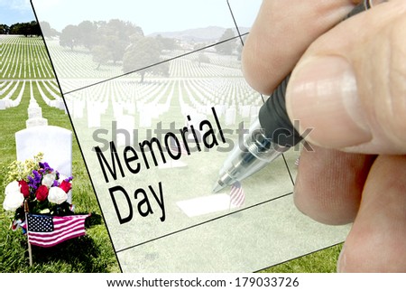 Pen-in-hand calendar notation of United States holiday, Memorial Day, American flag, floral display, and national cemetery in background.
