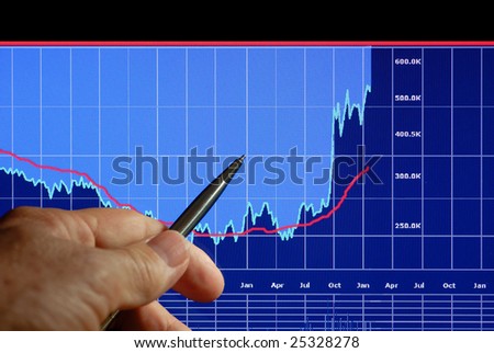 Financial chart on computer monitor, market\'s climbing, hand and pen pointer
