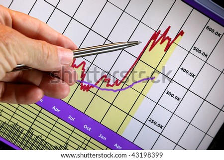 Financial chart on computer monitor, market\'s rising, hand and pen pointer