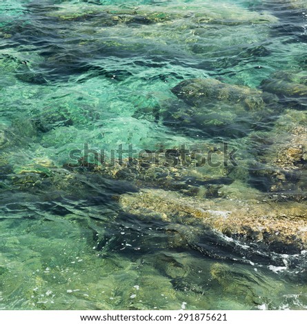 transparent water ripple, marine rocks and sunlight glare. sea floor wallpaper