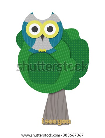 cartoon style illustration of cute owl sitting on the tree. vector paper sage character design. wildlife concept decorative elements. summer park oak and funny night bird