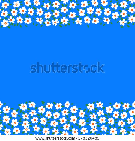 Vector card with floral seamless frame  border made of small white flowers and copyspace on bright blue. Template for flower shop gift card, spring sale coupon, perfume box design, wedding invitation
