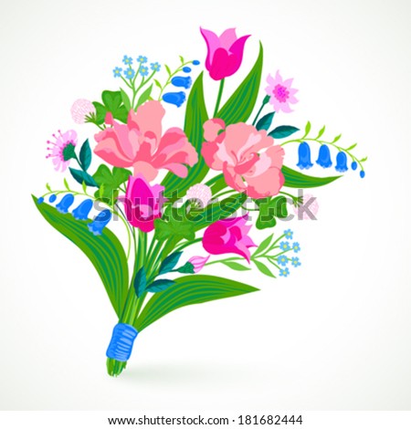 Vector illustration of a bouquet of spring and summer flowers: tulips, peony, blue bells, clover and forget-me-nots tie is made in modern flat style and is perfect for a wedding invitation