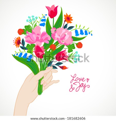 Vector illustration of a hand holding a bouquet of spring and summer flowers: tulips, peony, blue bells, clover and forget-me-nots is made in modern flat style and is perfect for a wedding invitation