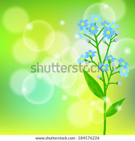Vector floral spring background with drawings of a single small blue flower known as forget-me-not or Jack Frost flower