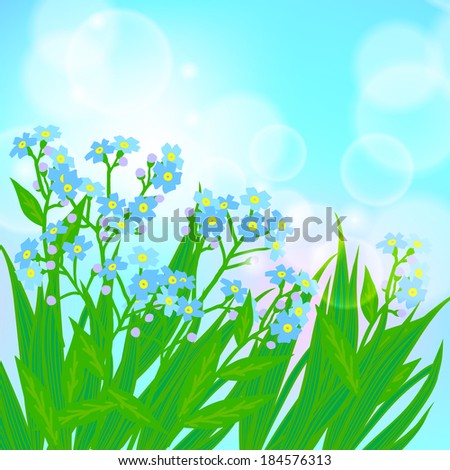 Vector floral spring background with drawings of a field of small blue flowers known as forget-me-not or Jack Frost flowers