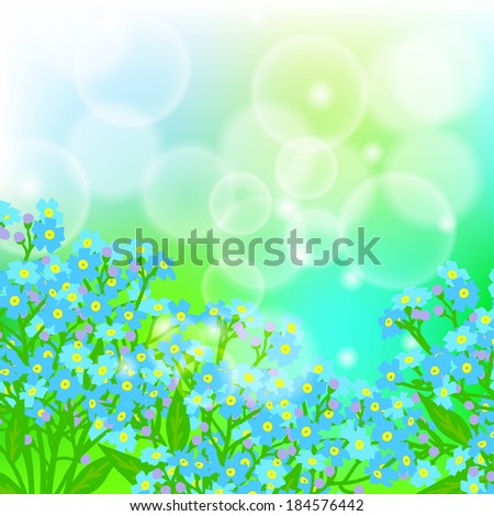Vector floral spring background with drawings of a field of small blue flowers known as forget-me-not or Jack Frost flowers on sun lighted blurry bokeh