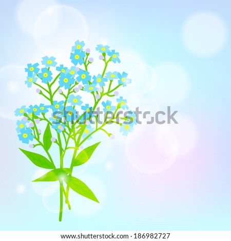 Vector floral spring background with drawings of a bouquet of small blue flowers known as forget-me-nots or Jack Frost flowers on sun lighted blurry bokeh for Mother\'s day card or wedding invitation