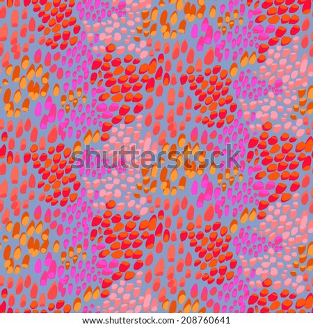 Animal pattern inspired by nature & tropical fish or reptile skin hand drawn with short brush strokes, dots and splatter in multiple bright colors - grey, pink, red, orange, seamless vector texture