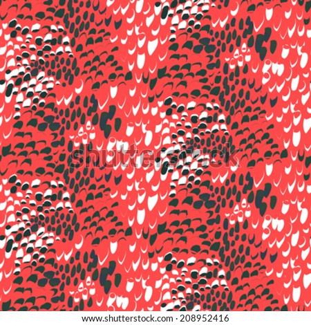 Animal pattern inspired by nature & tropical fish or reptile skin hand drawn with short brush strokes, dots and splatter in multiple bright colors - black, white and coral red, seamless vector texture