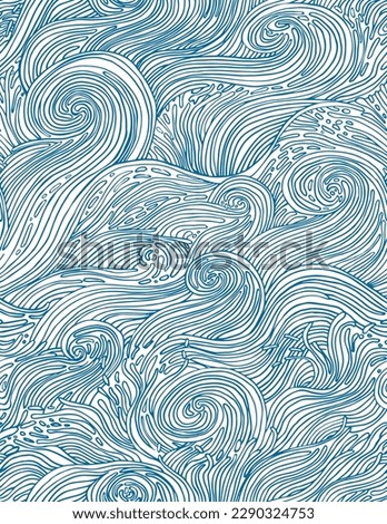 Seamless vector nautical pattern with big waves in linear style and white and blue color. Elegant swimwear or bikini print