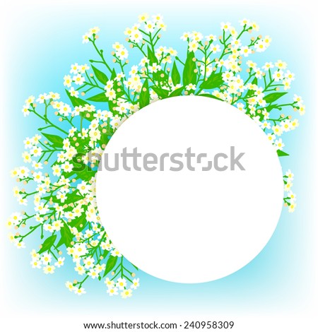 Vector card with small white flowers on shining sky blue background. Template for garden store coupon, flower shop gift card, soap package, spring sale ad, baby shower or wedding invitation