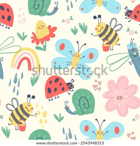 Cute seamless vector pattern with happy bugs, bees, butterflies, snails and rainbows playing with flowers. Cartoon baby bugs having fun dancing and singing