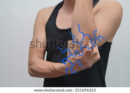 Men tennis elbow pain and lightning. Concept of pain more.