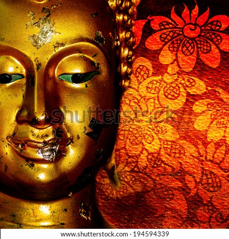 Buddha gold statue on red background patterns Thailand.