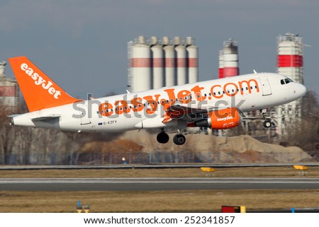 PRAGUE, CZECH REPUBLIC - FEBRUARY 05: EasyJet Airline Airbus A319-111 takes off from PRG Airport on February 05, 2015. Easy Jet is a British airline carrier.