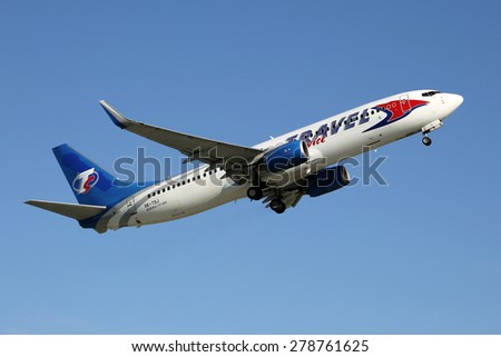 PRAGUE, CZECH REPUBLIC - MAY 13: Travel Service Boeing 737 takes off from PRG Airport on May 13, 2015. Travel Service operates charter flights and also wet and dry leases aircraft to other airlines.