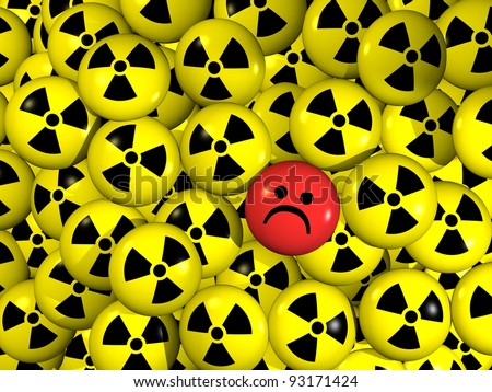 Sad red smilie between buttons with radioactive symbol