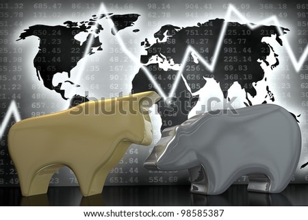 A golden bull and a silver Bear in front of a world map with stock market graphic