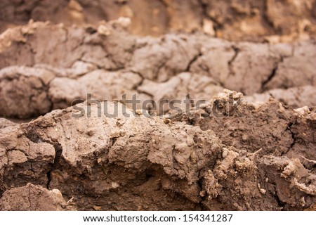 Mud in layers, formed by construction equipment on a jobsite. Focus is on the first wave of mud in the foreground.