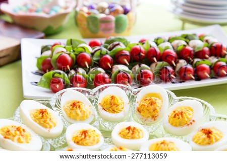beautiful Easter appetizer food table for snacks before the big Easter dinner
