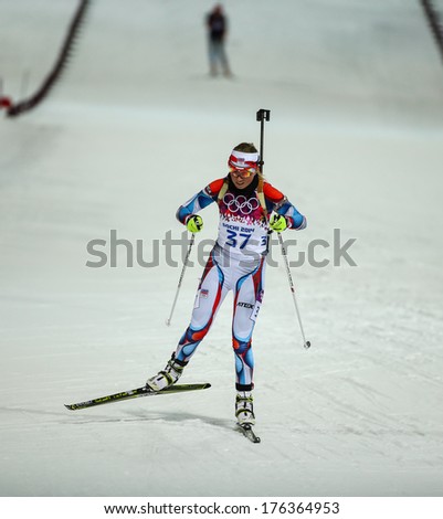 Sochi, RUSSIA - February 9, 2014: Eva PUSKARCIKOVA (CZE) at Biathlon Women\'s 7.5 km Sprint at Sochi 2014 XXII Olympic Winter Games