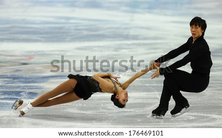 Sochi, RUSSIA - February 11, 2014: Qing PANG and Jian TONG (CHN) on ice during figure skating competition of pairs in short program at Sochi 2014 XXII Olympic Winter Games