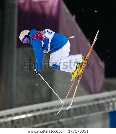 Sochi, RUSSIA - February 10, 2014: Anthony BENNA (FRA) at Freestyle skiing. Men\'s Moguls Qualification at Sochi 2014 XXII Olympic Winter Games
