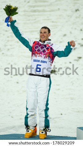 Sochi, RUSSIA - February 16, 2014: David MORRIS (AUS) at flower ceremony after freestyle skiing competition in Men\'s Aerials Final at Sochi 2014 XXII Olympic Winter Games