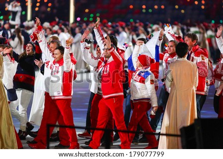 Sochi, RUSSIA - February 23, 2014: Russian athletes at closing ceremony in Fisht Olympic Stadium at the Sochi 2014 Olympic Games